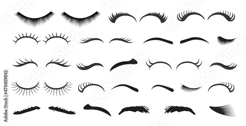 Eyelash extension linear icons set. luxurious eye with perfectly shaped eyebrows and full lashes. Stock vector.

