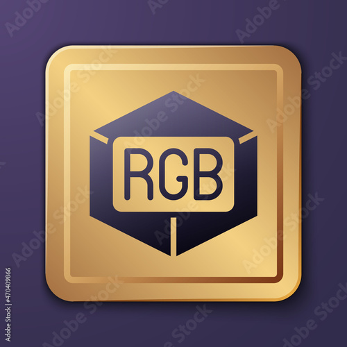 Purple RGB and CMYK color mixing icon isolated on purple background. Gold square button. Vector