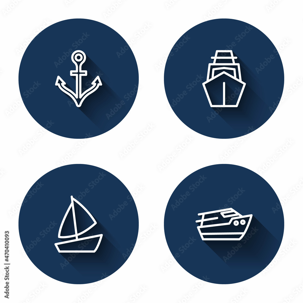 Set line Anchor, Yacht sailboat, and Speedboat with long shadow. Blue circle button. Vector Set line Anchor, Yacht sailboat, and Speedboat with long shadow. Blue circle button. Vector