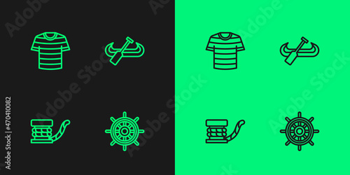 Set line Ship steering wheel, Marine bollard with rope, Striped sailor t-shirt and Kayak and paddle icon. Vector