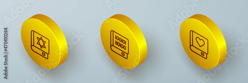 Set Isometric line Jewish torah book, Books about programming and Romance icon. Vector