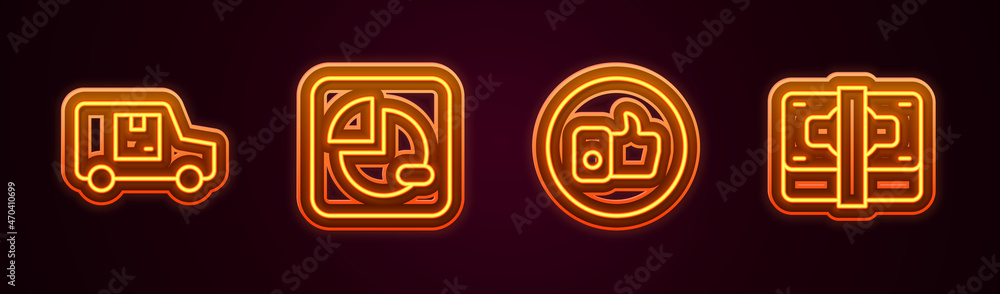 Set line Delivery cargo truck, Pie chart infographic, Hand like and Stacks paper money cash. Glowing neon icon. Vector Set line Delivery cargo truck, Pie chart infographic, Hand like and Stacks paper money cash. Glowing neon icon. Vector