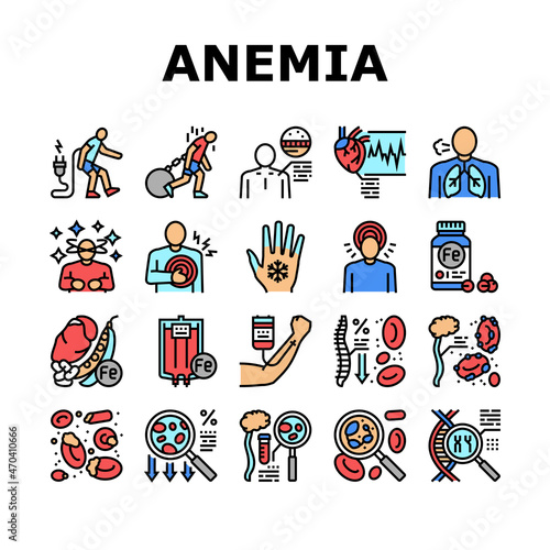 Anemia Patient Health Problem Icons Set Vector. Fanconi And Autoimmune Hemolytic Anemia Disease, Dizziness Or Lightheadedness, Shortness Of Breath And Irregular Heartbeats Line. Color Illustrations