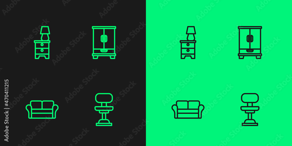Set line Office chair, Sofa, Furniture nightstand with lamp and Wardrobe icon. Vector Set line Office chair, Sofa, Furniture nightstand with lamp and Wardrobe icon. Vector