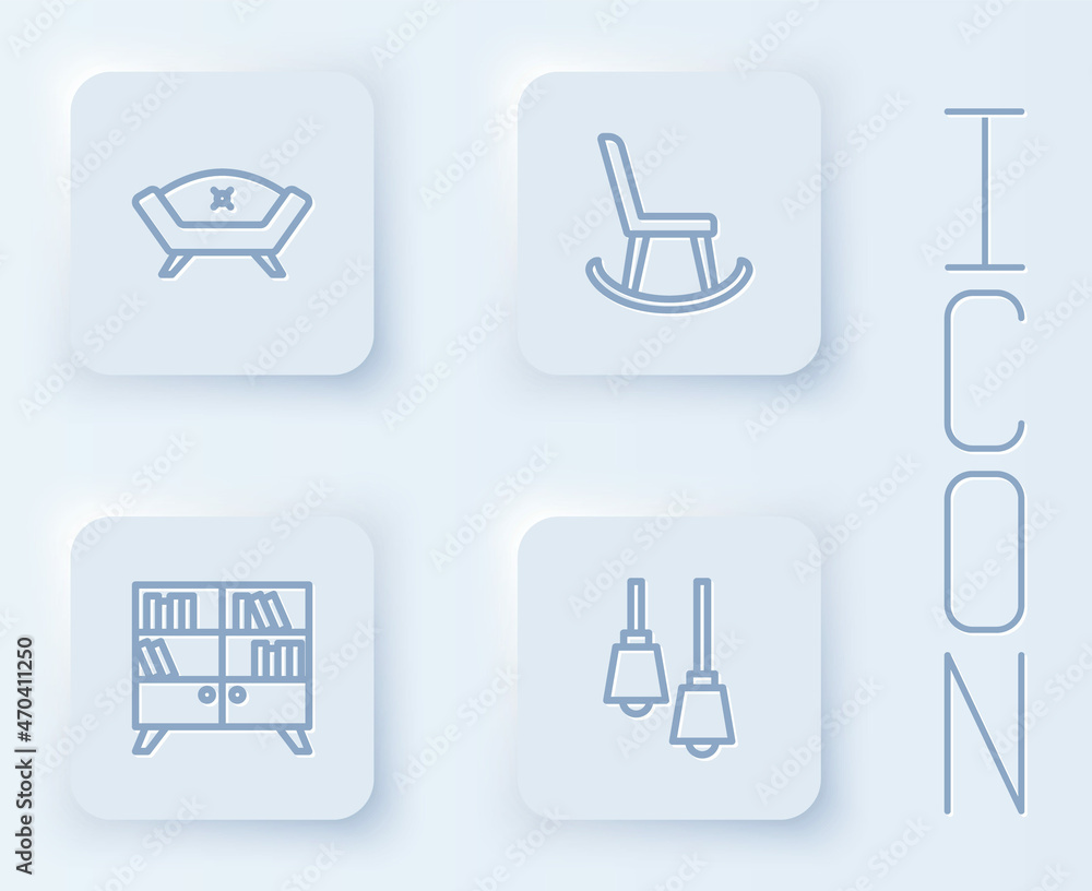 Set line Sofa, Armchair, Library bookshelf and Lamp hanging. White square button. Vector Set line Sofa, Armchair, Library bookshelf and Lamp hanging. White square button. Vector