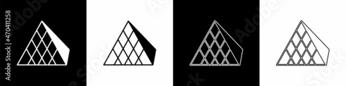 Set Louvre glass pyramid icon isolated on black and white background. Louvre museum. Vector