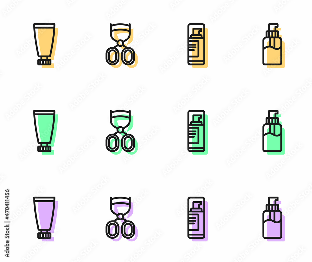 Set line Shaving gel foam, Cream or lotion cosmetic tube, Eyelash curler and Bottle of liquid soap icon. Vector Set line Shaving gel foam, Cream or lotion cosmetic tube, Eyelash curler and Bottle of liquid soap icon. Vector