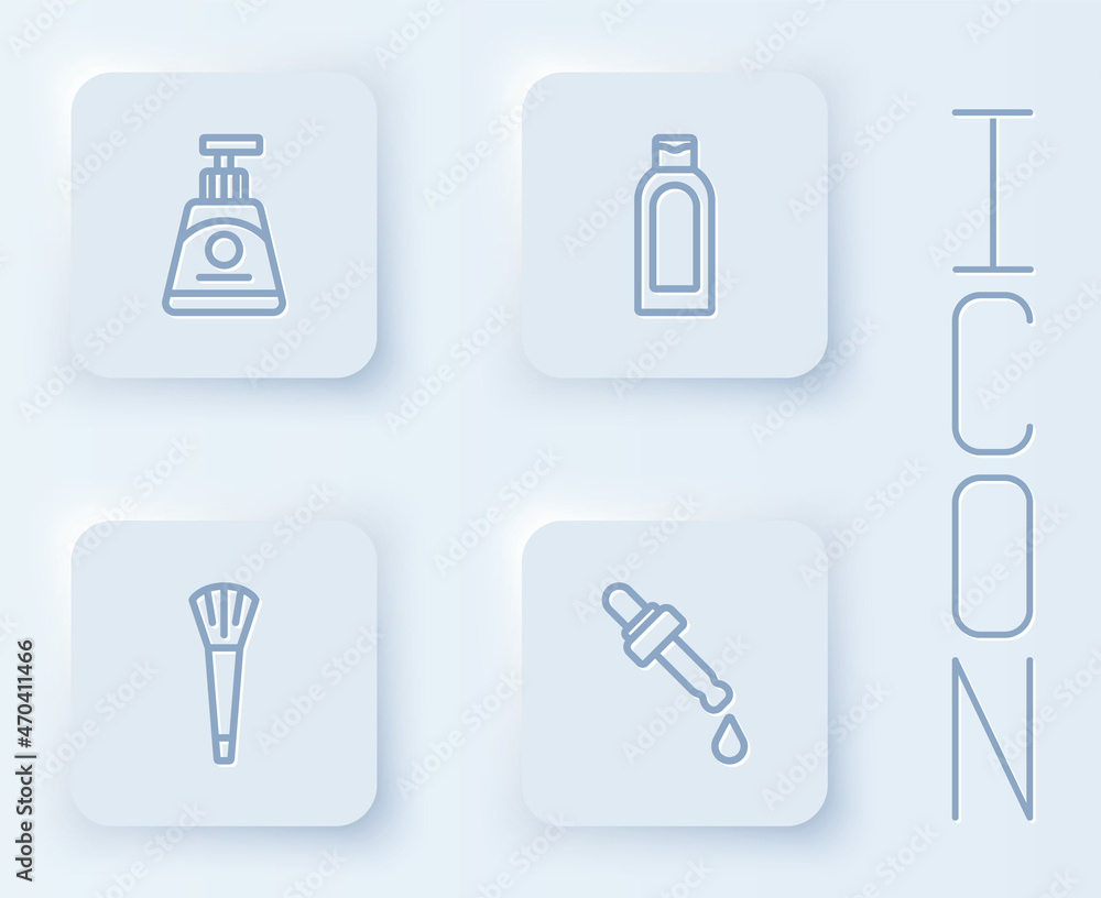 Set line Cream or lotion cosmetic tube, Bottle of shampoo, Makeup brush and Pipette with oil. White square button. Vector Set line Cream or lotion cosmetic tube, Bottle of shampoo, Makeup brush and Pipette with oil. White square button. Vector