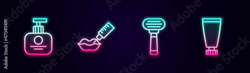 Set line Tube of hand cream, Lip augmentation, Shaving razor and Cream lotion cosmetic tube. Glowing neon icon. Vector