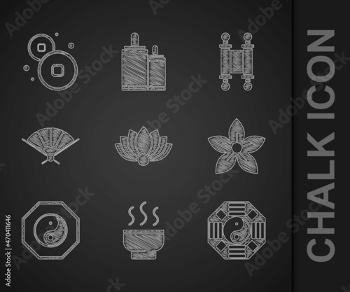 Set Lotus flower, Chinese tea ceremony, Yin Yang, Paper chinese folding fan, Decree, paper, parchment, scroll and Yuan currency icon. Vector