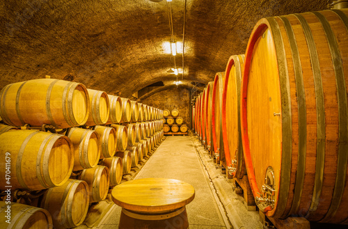 Constant temperature arched cellar with French barrique oak barrels to age wine at Klet Brda, Dobrovo, Slovenia.