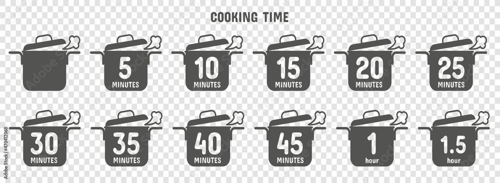Preparation time icon set. Cook time signs. Vector symbols with pan.