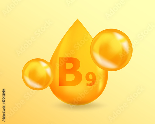 Vitamin B9 Folic acid. Realistic Vitamin drop B9 Folic acid design. 3D Vitamin complex illustration concept.