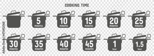 Preparation time icon set. Cook time signs. Vector symbols with pan.