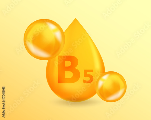 Vitamin B5 Pantothenic. Realistic Vitamin drop B5 Pantothenic design. 3D Vitamin complex illustration concept.