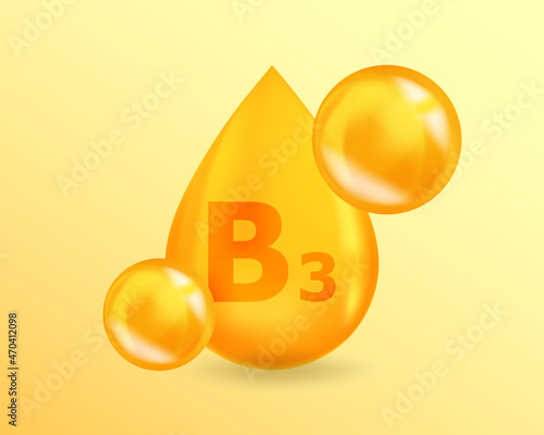 Vitamin B3 Niacin. Realistic Vitamin drop B3 Niacin design. 3D Vitamin complex illustration concept.