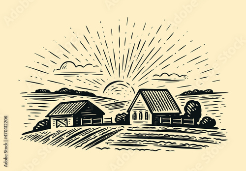 Village houses and farmland in sketch style. Rural natural landscape with fields