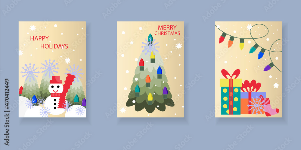 Colorful Christmas and New Year greeting card set. Colorful Christmas tree, garland, snowman and snowflakes on gold background.