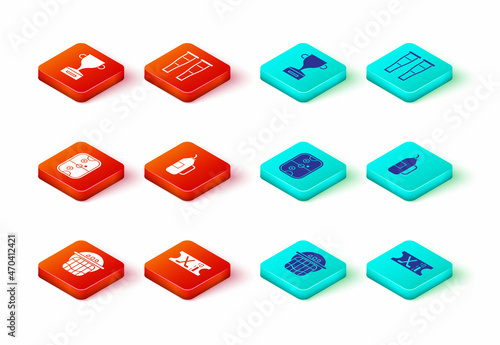 Set Hockey helmet, sports ticket, Air hockey table, Fitness shaker, Crutch crutches and Award cup icon. Vector