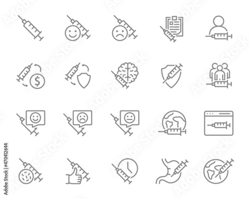 Set of coronavirus vaccination line icons. Medical syringe, global immunization, covid 19, worldwide immunity and more.