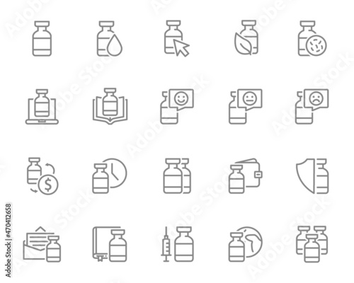 Set of coronavirus vaccine line icons. Medical ampoule, vaccination, global immunization, serum, covid 19 and more.