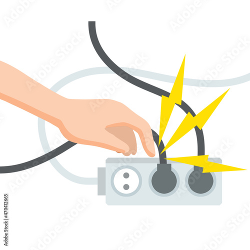 Electric shock and short circuit. Safety precautions. Hand touches broken socket. High voltage. Dangerous situation. Damaged Electrical wire