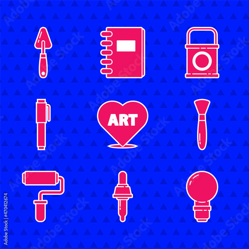 Set Heart with text art, Pipette, Light bulb, Paint brush, roller, Pen, bucket and Palette knife icon. Vector