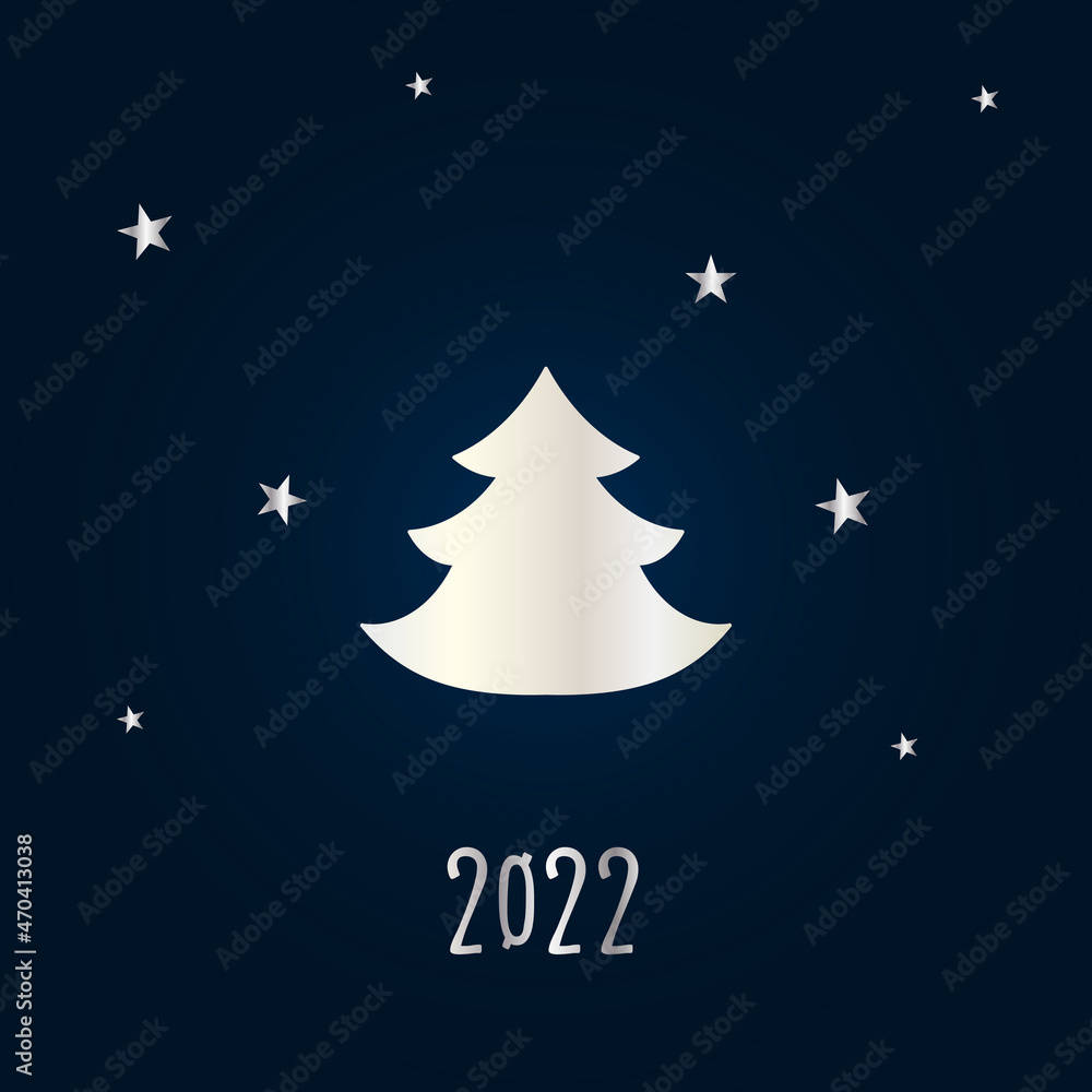Silver silhouette of a Christmas tree with stars on a dark blue background. Merry Christmas and Happy New Year 2022. Vector illustration.