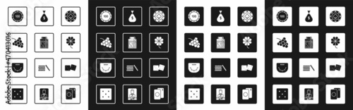 Set Casino chips, Deck of playing cards, slot machine with grape, clover, Money bag, Game dice and Poker table icon. Vector