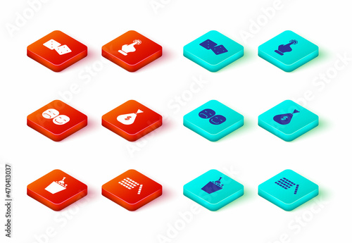 Set Champagne in an ice bucket, Casino chips, Poker player, Money bag, Hand holding casino and Game dice icon. Vector