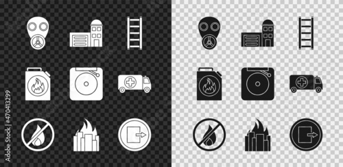Set Gas mask, Building of fire station, Fire escape, No, burning buildings, exit, Canister for flammable liquids and Ringing alarm bell icon. Vector