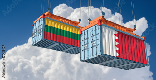 Freight containers with Bahrain and Lithuania national flags. 3D Rendering 