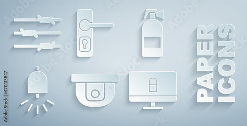 Set Motion sensor, Fire extinguisher, Ringing alarm bell, Lock computer monitor, Door handle and Barbed wire icon. Vector