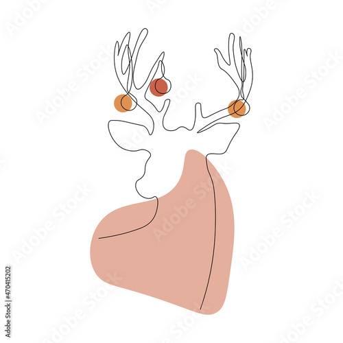 Vector deer in line art style. Deer with christmas decorations hanging on the antlers.