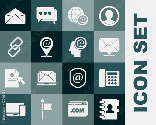 Set Address book, Telephone, Envelope, Earth globe with mail, Location and and e-mail, Chain link, and Mail icon. Vector
