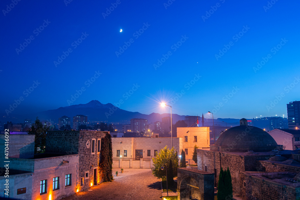 view of the city, night city view, night city view, old stone houses in the night light, 