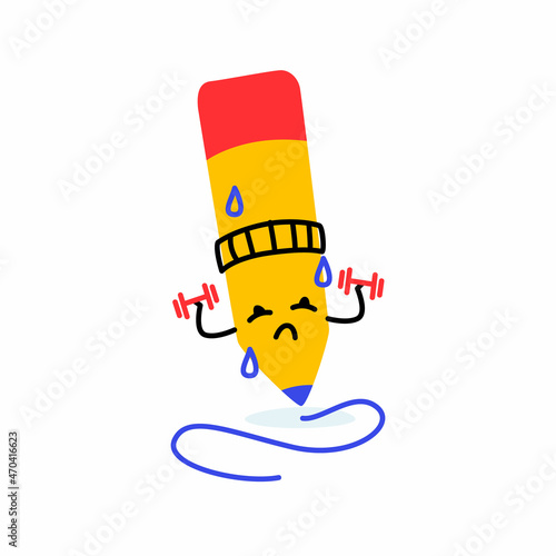 A funny character from school or office. Blue pencil athlete with dumbbells. He does sports and sweats from him. Simple illustration with bright colors
