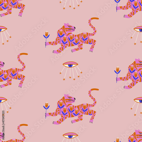 Exotic seamless pattern with folk art tigers