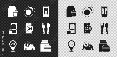 Set Online ordering and delivery, Plate, Round the clock, Fast by car, burger, and Food icon. Vector