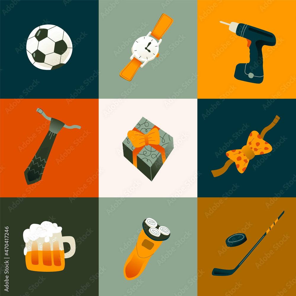 Naklejka premium Flat simple illustration in a modern style set of men's items.for Father's day and men's day on February 23: tie, bow tie, screwdriver, ball, stick and puck, beer mug, watch, razor, gift