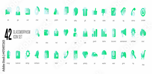 A set of green vector icons of modern trend in the style of glass morphism with gradient, blur and transparency. The collection includes 42 icons in a single style of business, finance, UX UI
