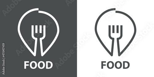 Banner con texto Food con puntero de posici  n con tenedor con lineas en fondo gris y fondo banco