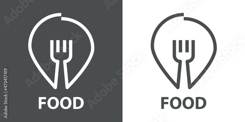 Banner con texto Food con puntero de posición con tenedor con lineas en fondo gris y fondo banco