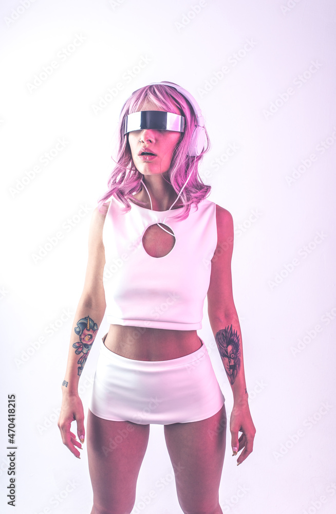 Young woman with pink hair dancing and having fun Young woman with pink hair dancing and having fun