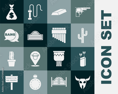 Set Buffalo skull, Quiver with arrows, Cactus, Gold bars, Saloon door, Bang boom, gun Comic, Money bag and Pan flute icon. Vector