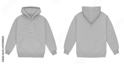Mockup blank flat grey hoodie. Hoodie sweatshirt with long sleeve template for branding. Hoody front and back top view isolated on white background