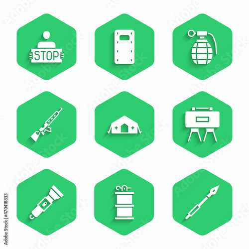 Set Military medical tent, Hand smoke grenade, Medieval spear, mine, Flashlight, Sniper rifle with scope, and Stop war icon. Vector