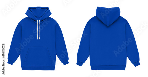 Mockup blank flat blue hoodie. Hoodie sweatshirt with long sleeve template for branding. Hoody front and back top view isolated on white background