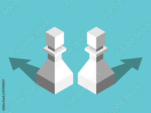 Two isometric chess pawns, opposite directions arrows. Disagreement, options, repulsion, conflict, relationship and choice concept. EPS 8 vector illustration, no transparency, no gradients