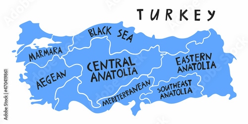 Vector hand drawn stylized map of Turkey provinces. Turkey Republic travel illustration. Geography illustration. Mediterranean map element photo